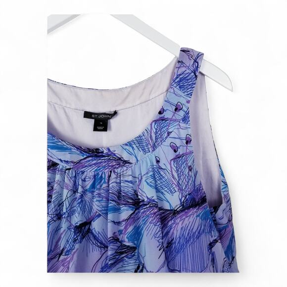 ST. JOHN Silk Blouse Scoop Neck Abstract Floral Sleeveless - Size 16 - Picture 2 of 7